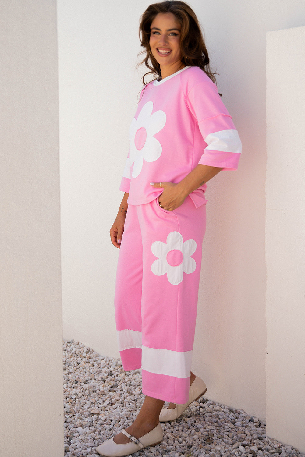 Pink Big Flower Patched Raw Seam Color Block 2 Piece Loose Pant Set