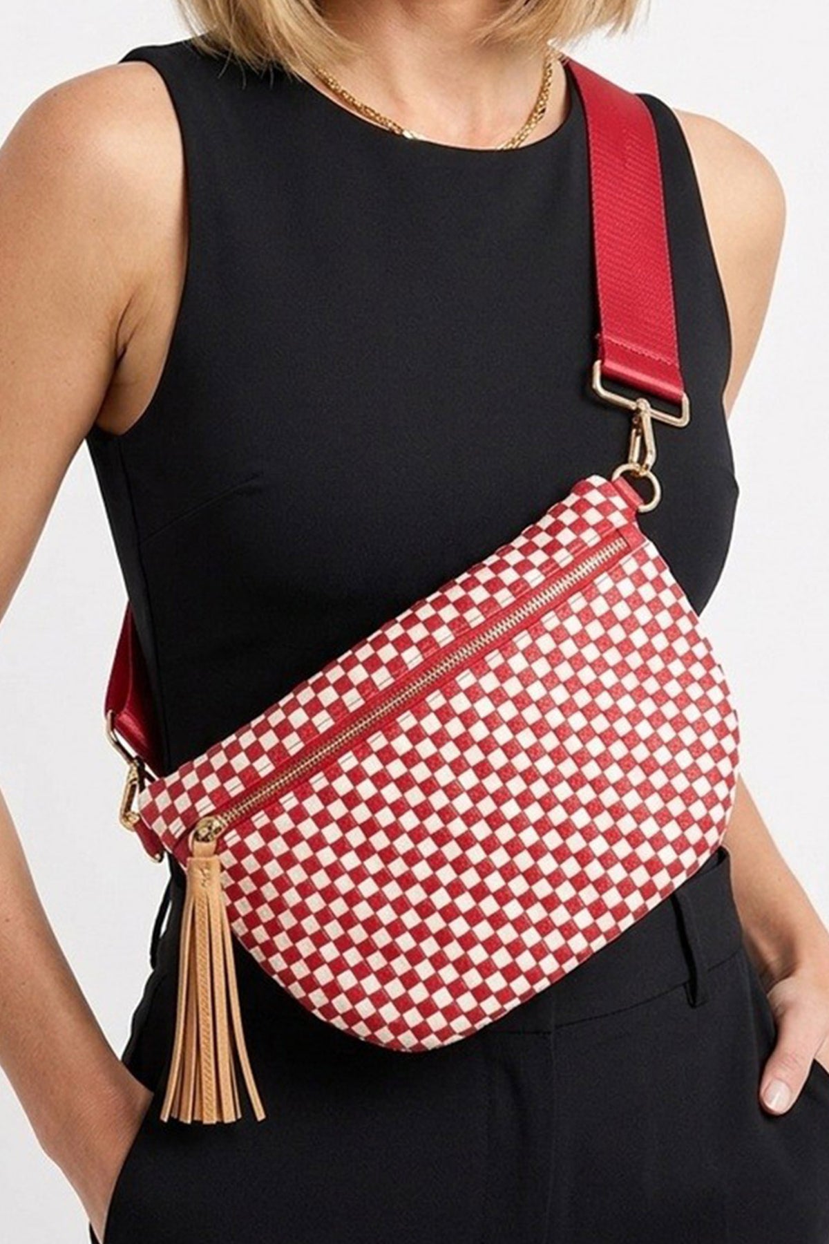 White Checkered Woven PU Leather Crossbody Bag Adjustable Strap Large Size