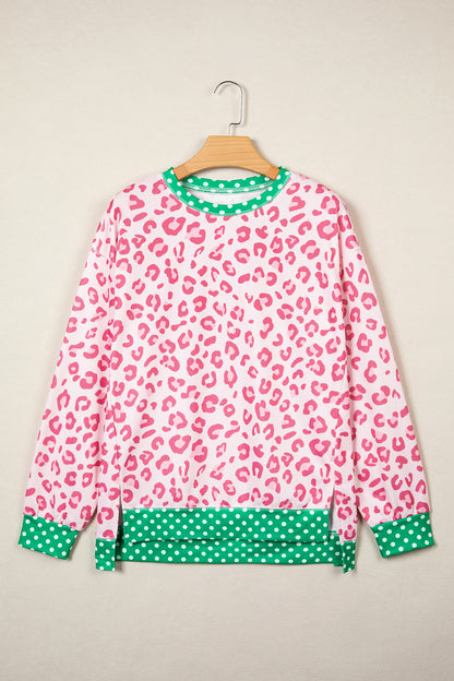 Khaki Leopard Polka Dot Colorblock Trim Long Sleeve Top