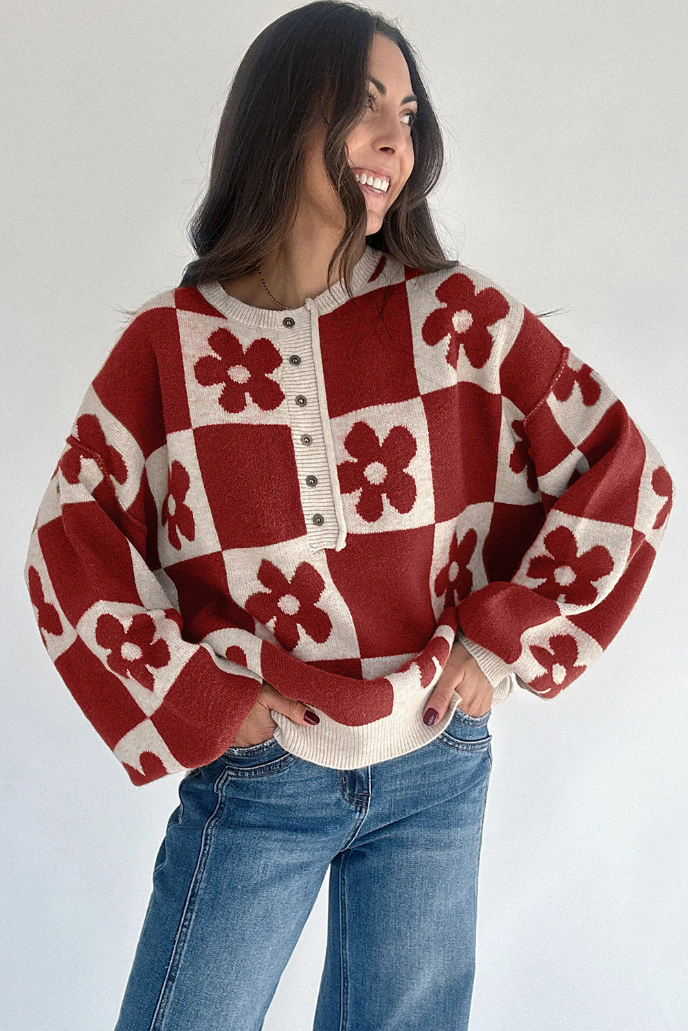 Red Dahlia Flower Plaid Henley Baggy Sweater
