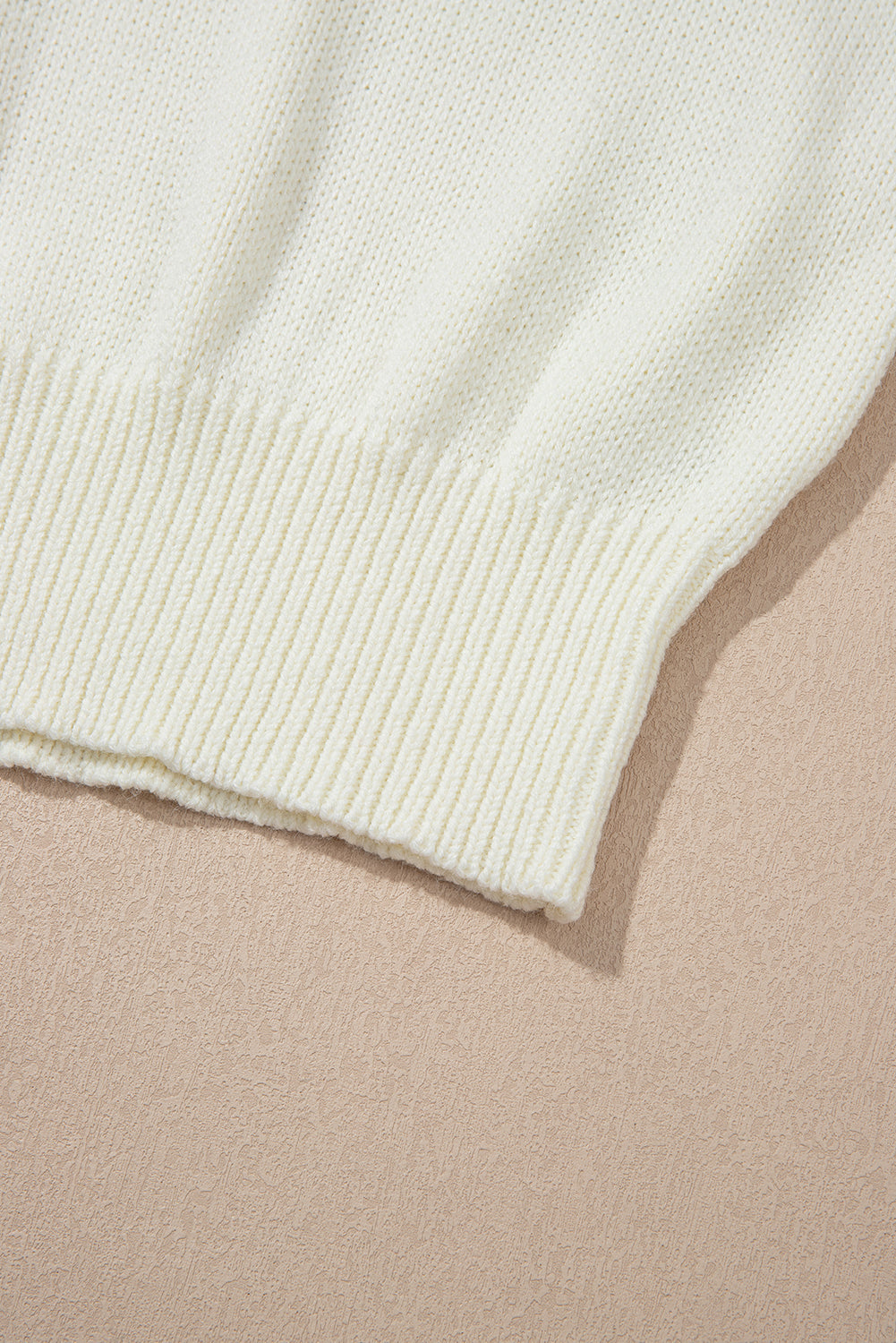 White Flower Detail Round Neck Contrast Textured Puff Sleeve Sweater