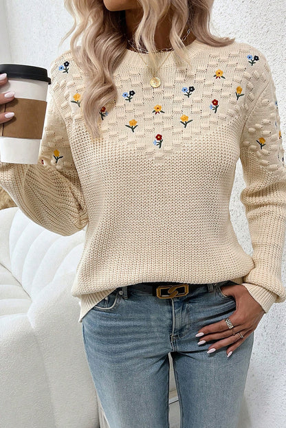 Jet Stream Mixed Texture Knit Flower Embroidered Detail Casual Sweater