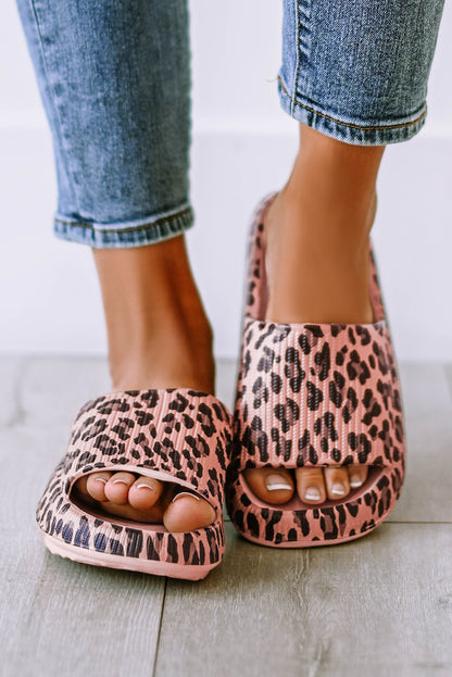 Pink Leopard Print Thick Sole Slip On Sandals