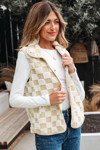 Khaki Sherpa Checkerboard Snap Button Vest Jacket With Pocket