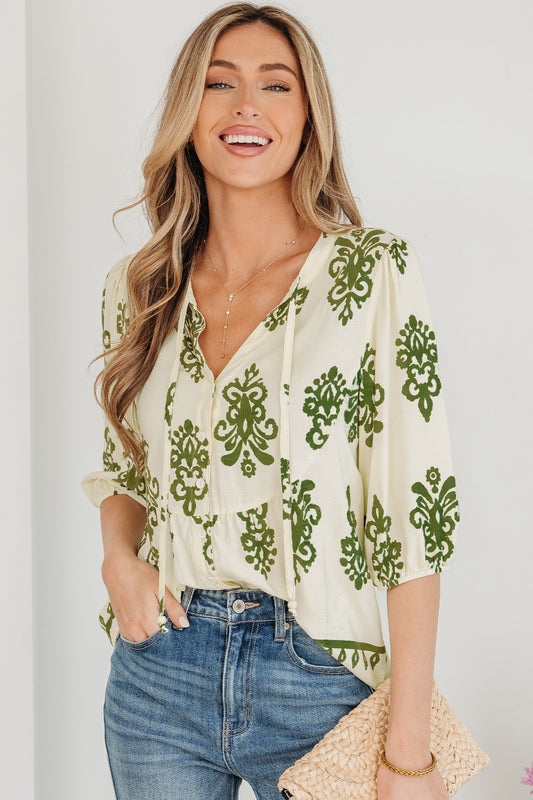 Apricot Floral Print Tie V Neck Button Down Puffy Half Sleeve Shirt