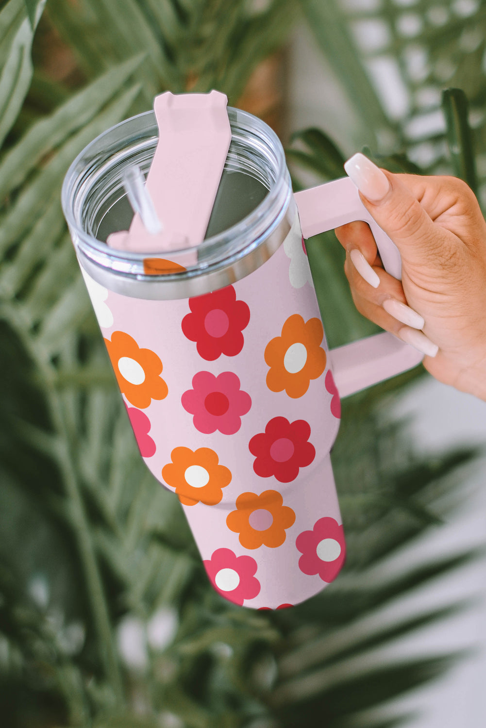 Flower Tumbler Stainless Steel Cup 40oz With Handle Vacuum Insulation