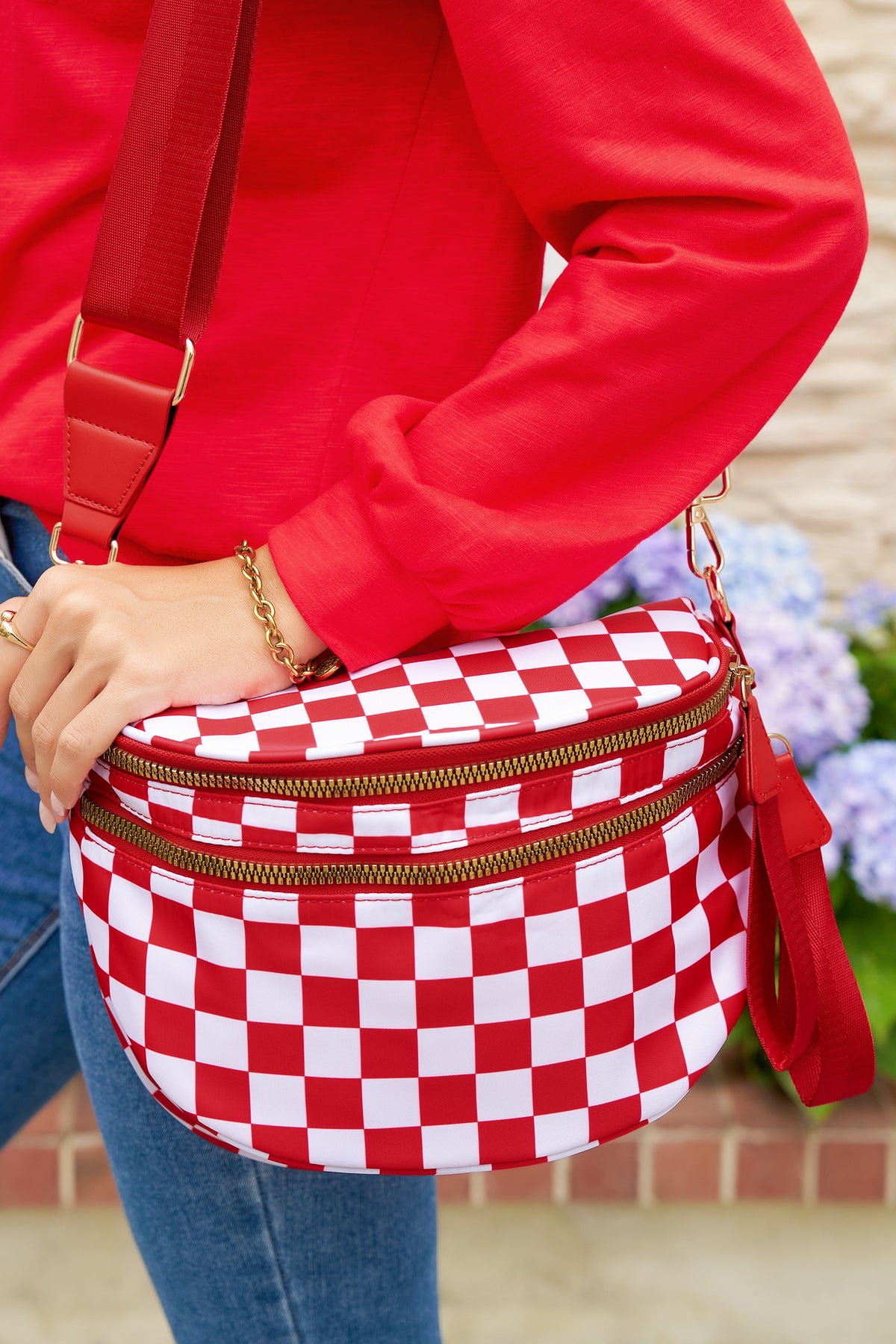 Pink Checkered Print Wide Strap Large Crossbody Bag