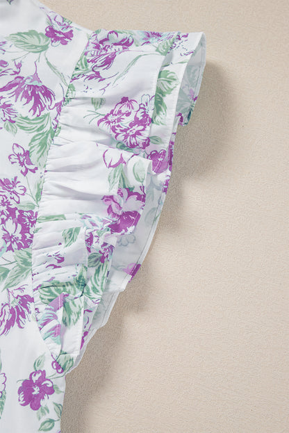 Purple Floral Print Ruffle Sleeve Frilly Button Up Shirt