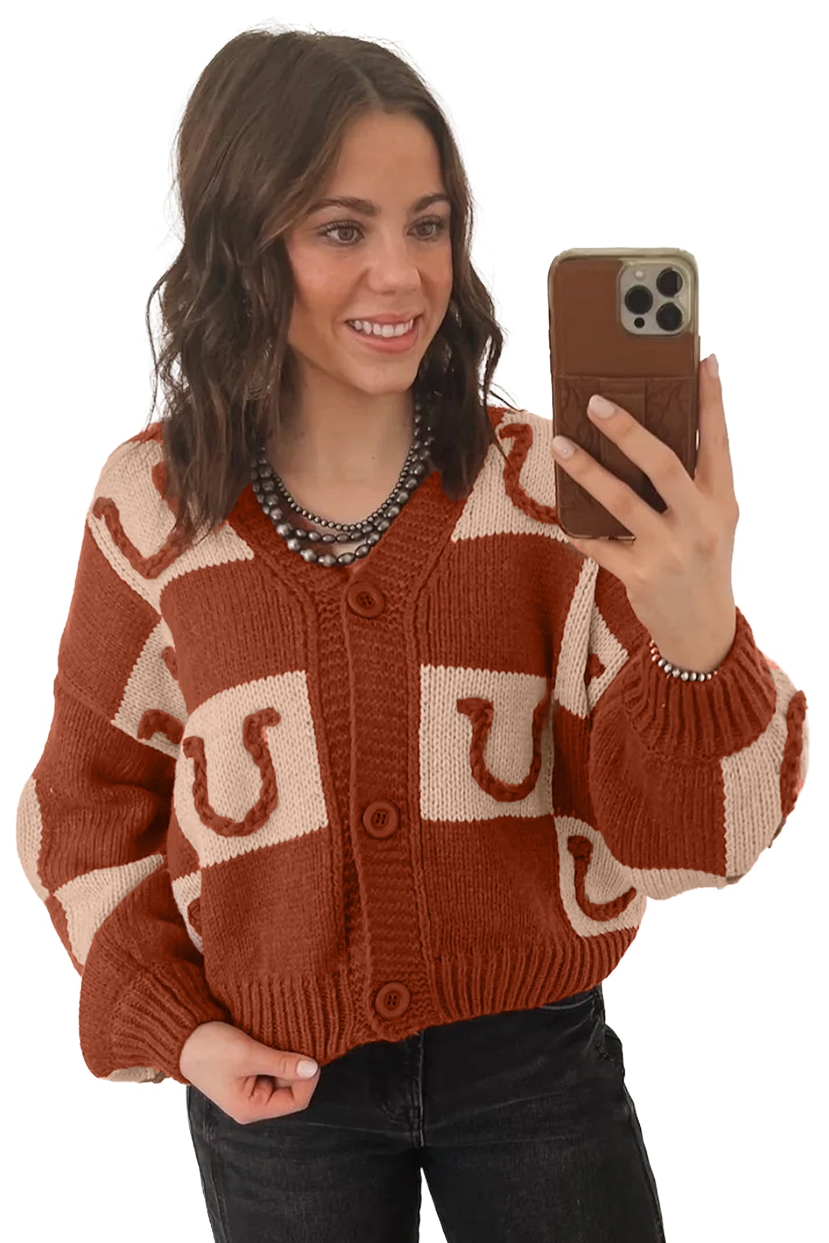 Brown Horseshoe Plaid V Neck Knit Button Front Sweater Cardigan