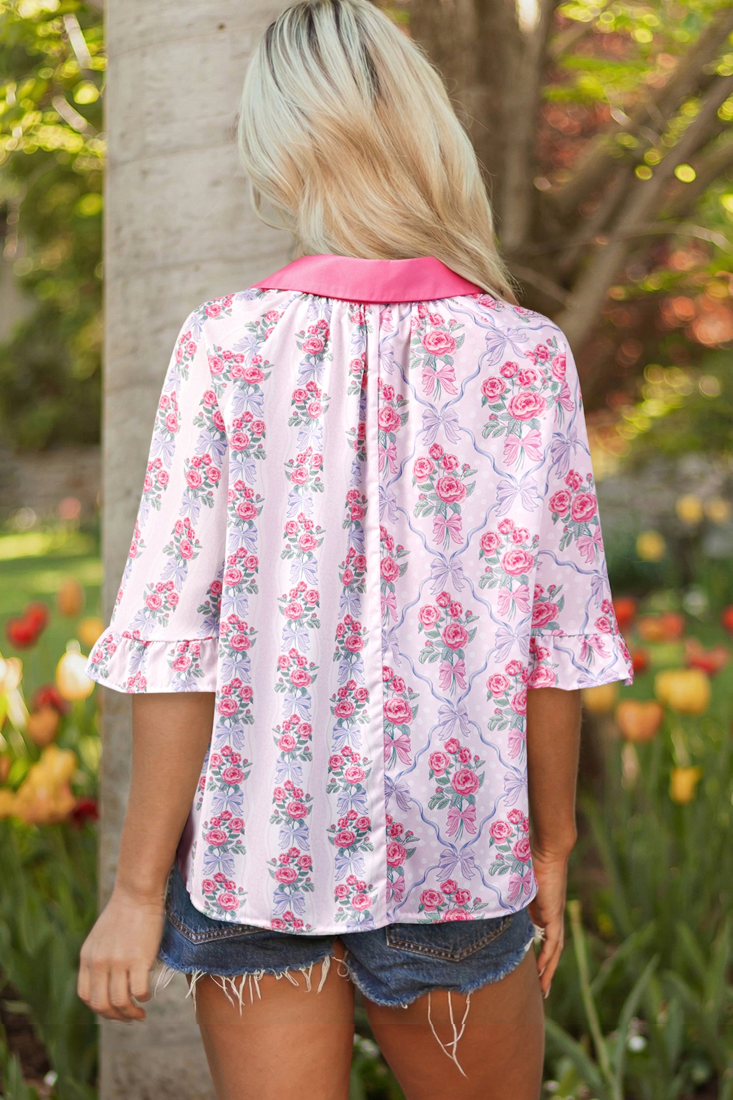 Pink Floral Collared Ruffled Half Sleeve Shirt