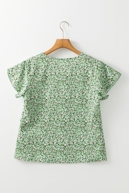 Green Floral V Neck Wrap Short Sleeve Blouse