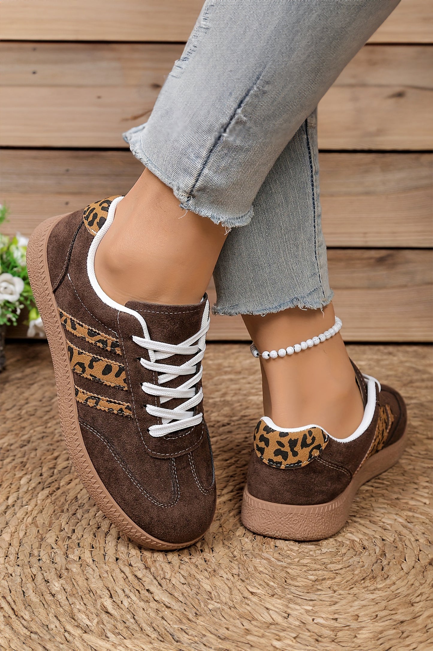 Coffee Contrast Lace Up Leopard Patchwork Detail Faux Suede Shoes