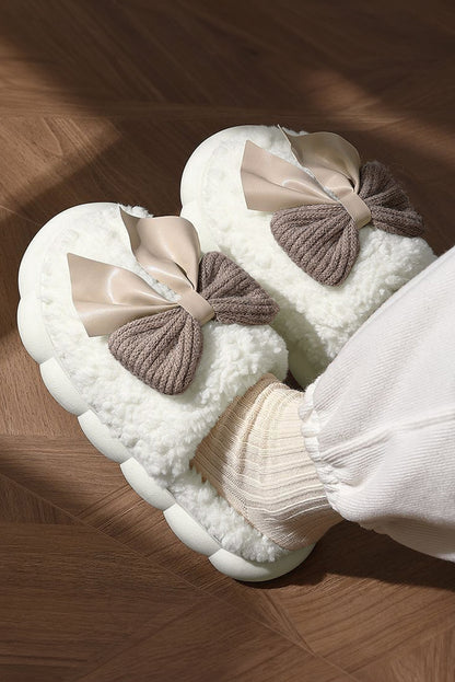 White Contrast Bowknot Applique Plush Slippers