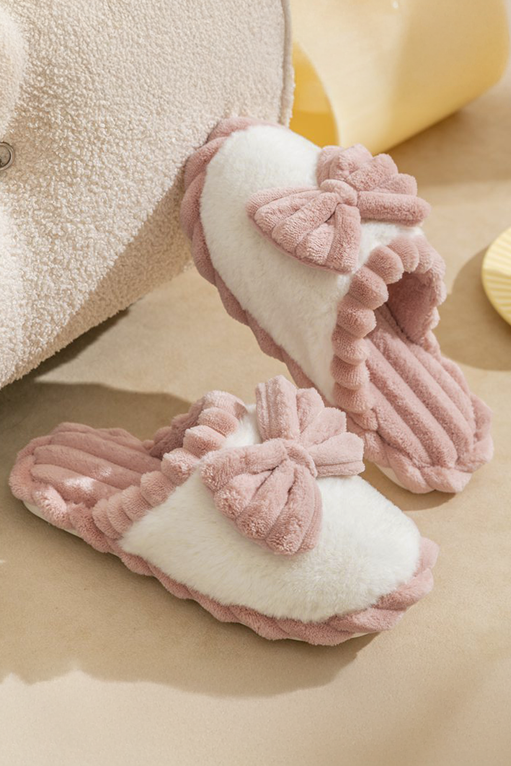 Pink Bow Color Block Ribbed Plush Slippers