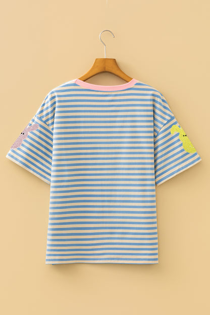 Sky Blue Stripe Sequin Easter Bunny Patched Drop Shoulder Tee