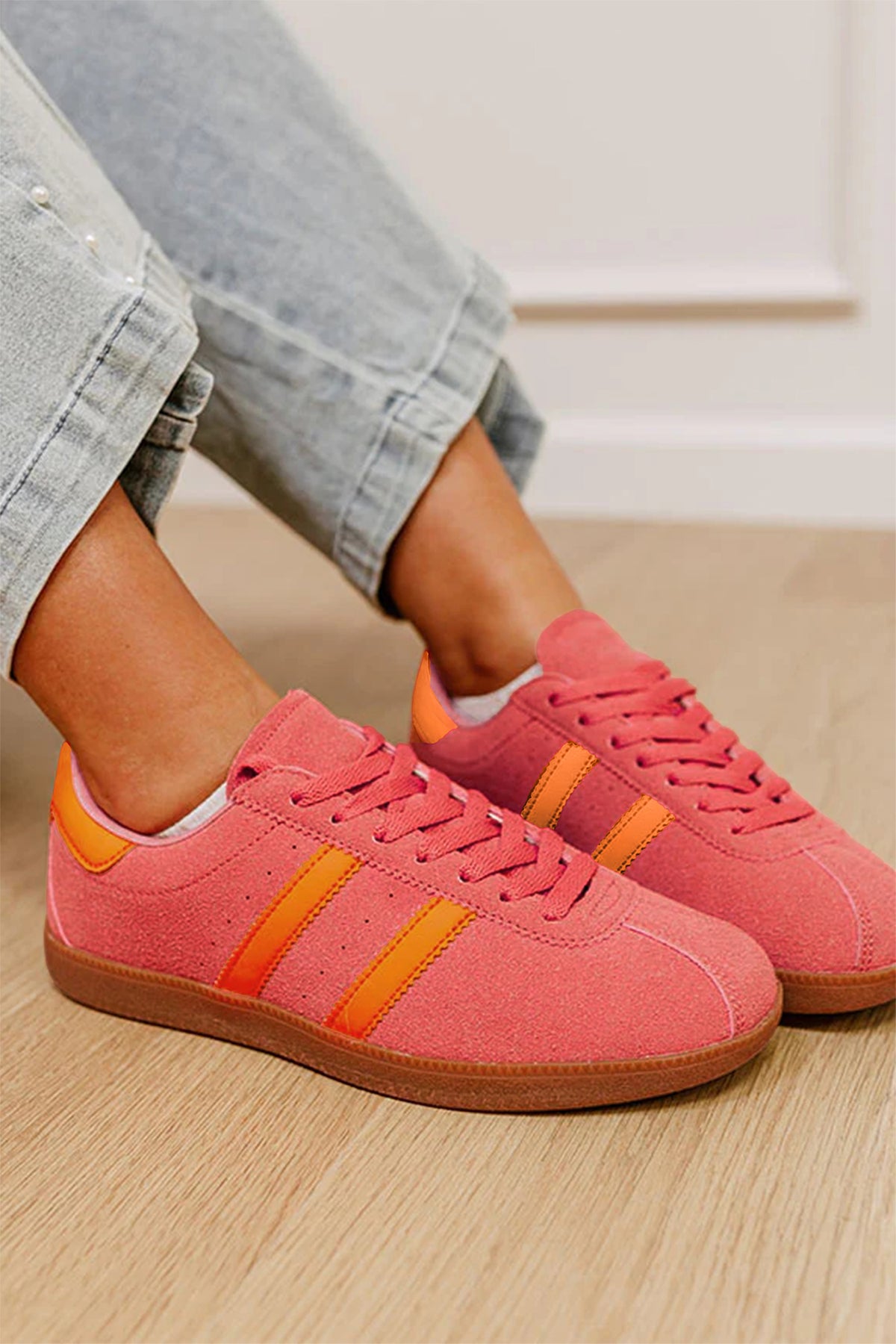 Light Pink Floral Print Lace-up PU Leather Flat Shoes