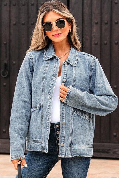 Myosotis Scallop Trim Collar Patched Pocket Button Up Mineral Washed Denim Jacket