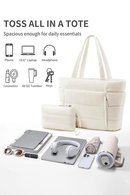 White Solid Color Puffy Quilted Large Tote Bag