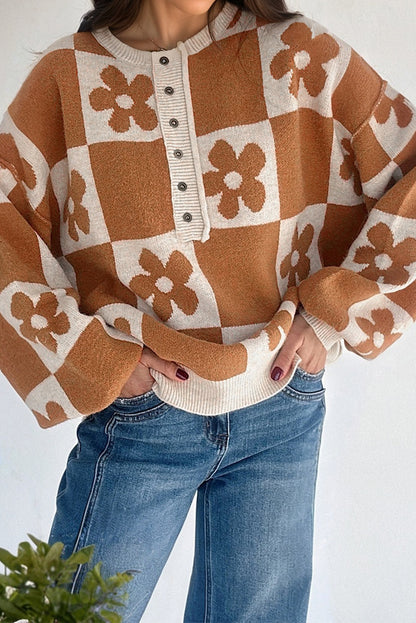 Red Dahlia Flower Plaid Henley Baggy Sweater