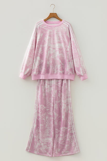 Pink Abstract Print Side Stripe Detail Long Sleeve Top Loose Pants Set