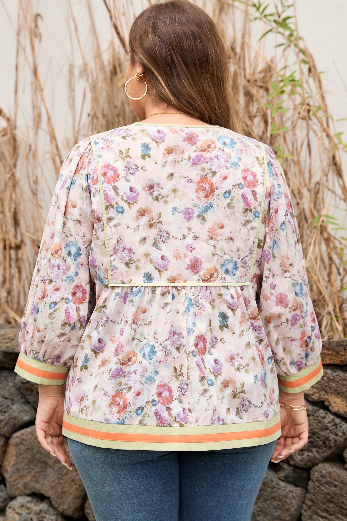 Plus Size Floral Print Contrast Trim Striped Detail Babydoll Blouse