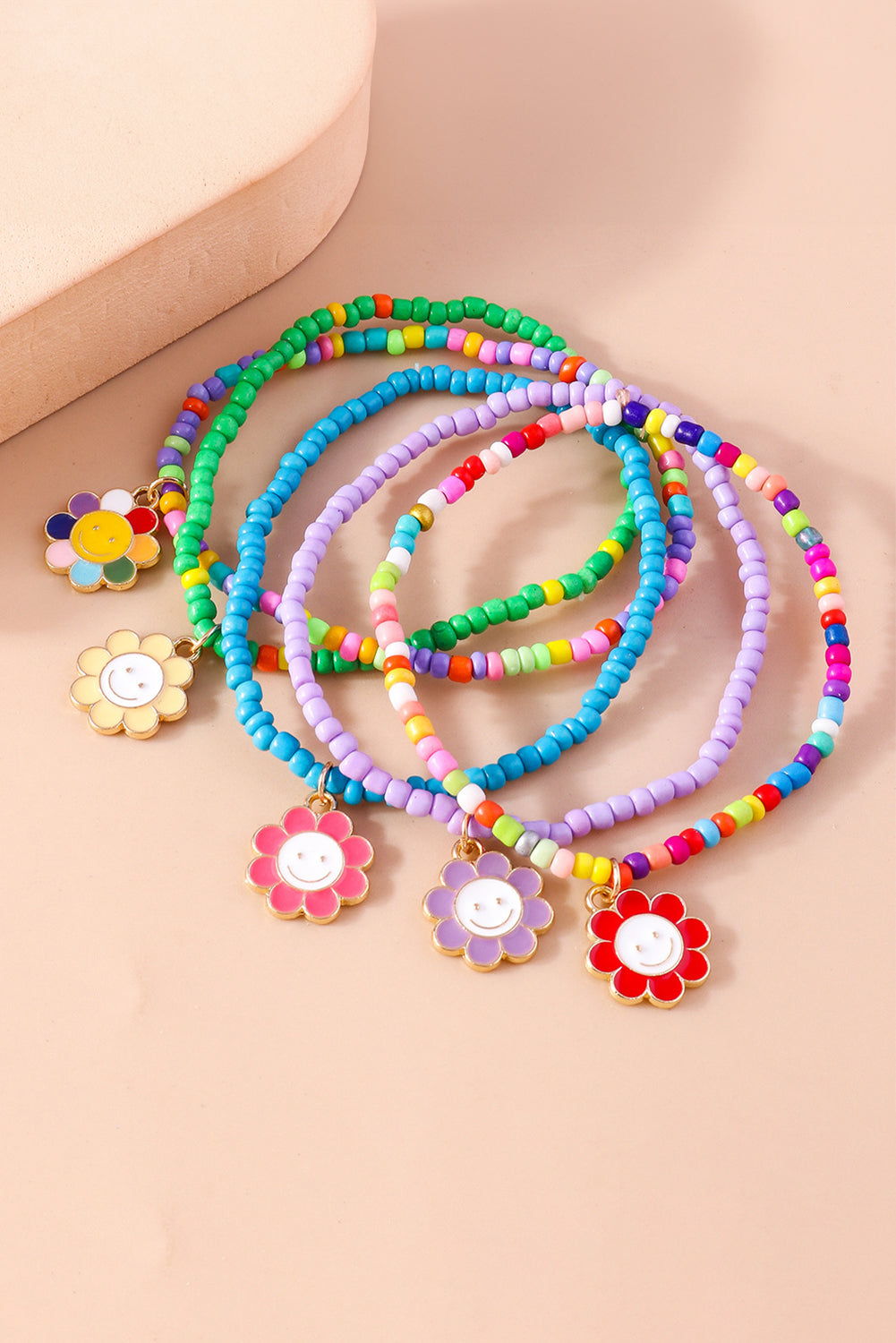 Light Blue 5pcs Smiley Face Flower Pendant Beaded Bracelet Set