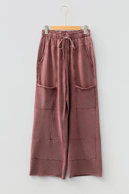 Wild Ginger Mineral Wash Lace-up High Waist Raw Hem Patched Pocket Pants