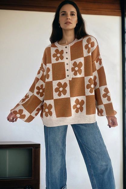 Red Dahlia Flower Plaid Henley Baggy Sweater