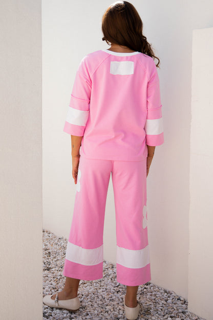 Pink Big Flower Patched Raw Seam Color Block 2 Piece Loose Pant Set