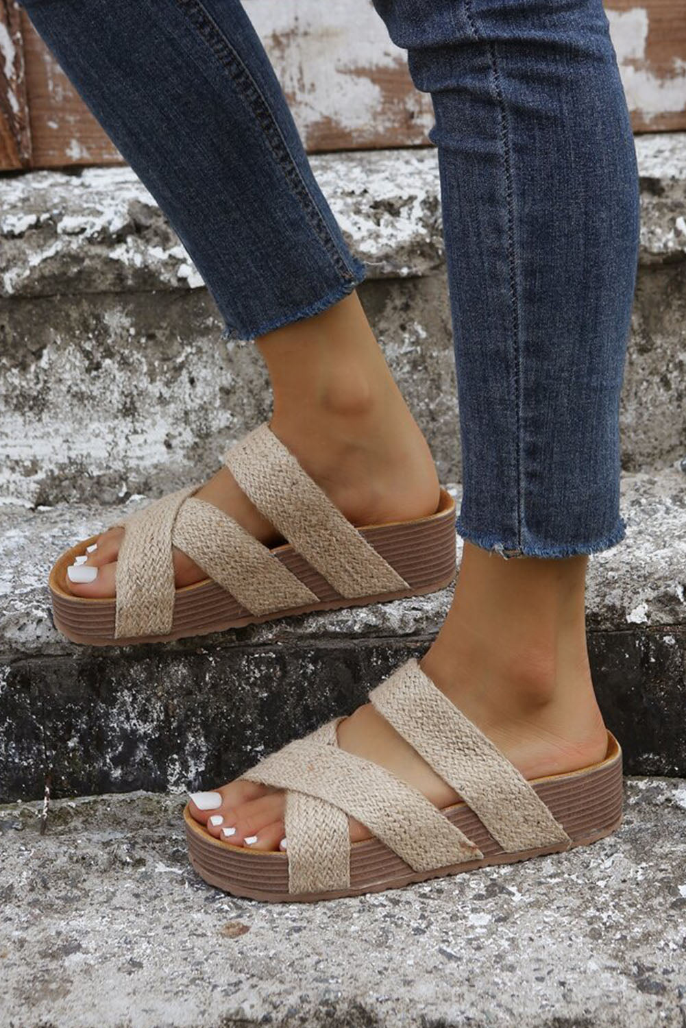 Beige Woven Criss Cross Hollowed Slip On Sandals