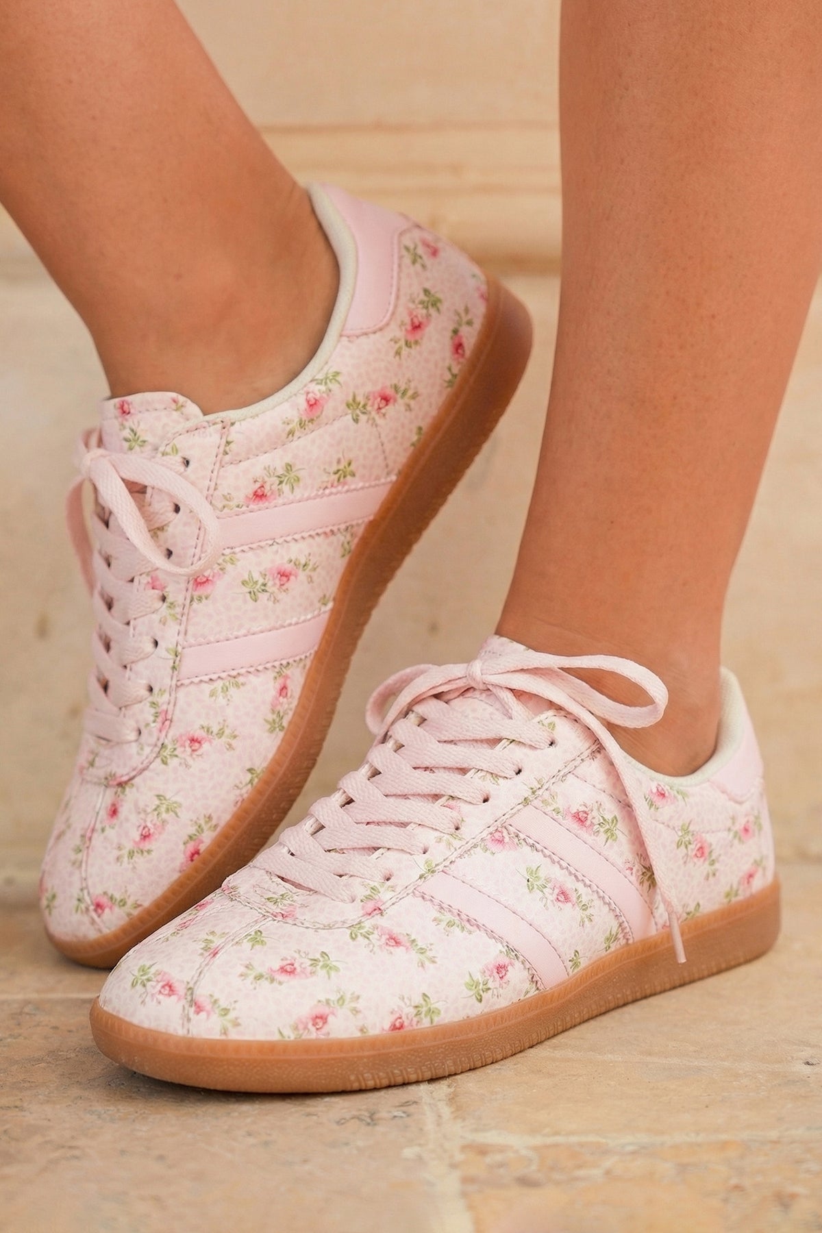 Light Pink Floral Print Lace-up PU Leather Flat Shoes
