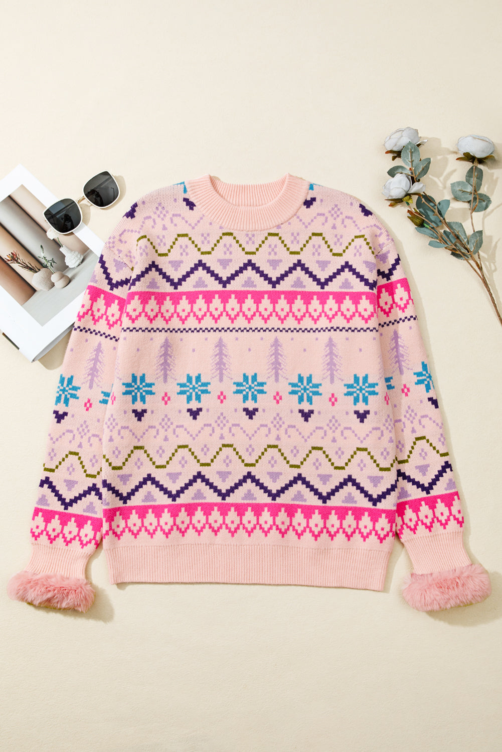 Multicolour Ethnic Christmas Pattern Knit Feather Cuffed Sweater