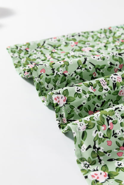 Green Floral V Neck Wrap Short Sleeve Blouse