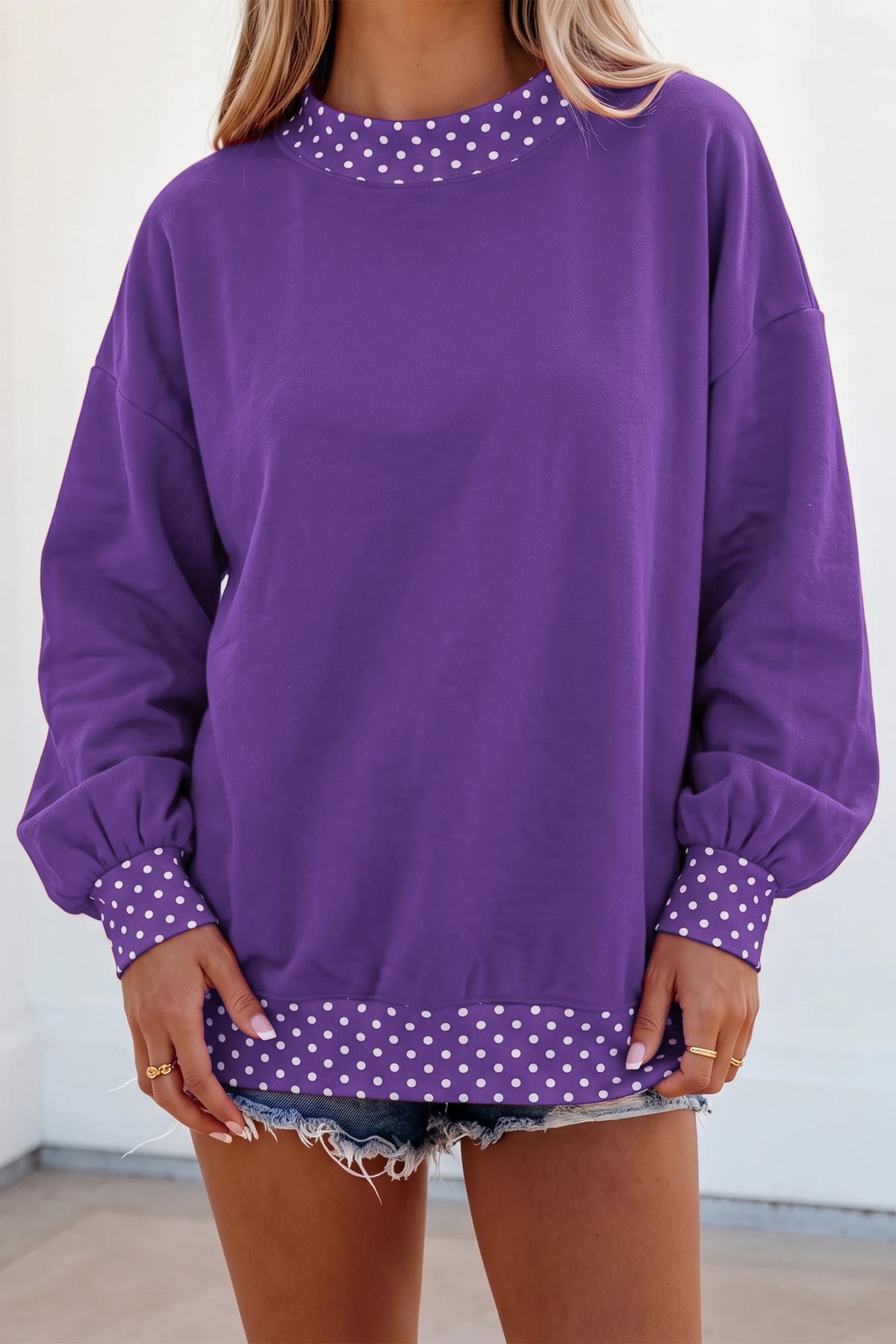Pink Colorblock Polka Dot Contrast Trim Oversized Sweatshirt