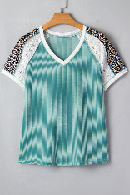 Green Color Block Lace Leopard Patchwork Twisted Ribbed Tee
