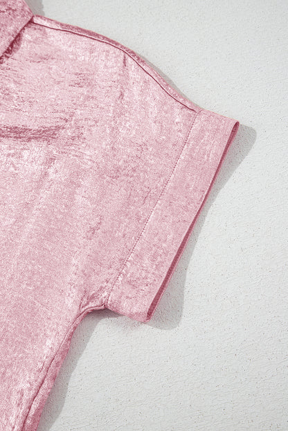 Pink Metallic Sheen Short Sleeve Buttoned Front Casual Shirt