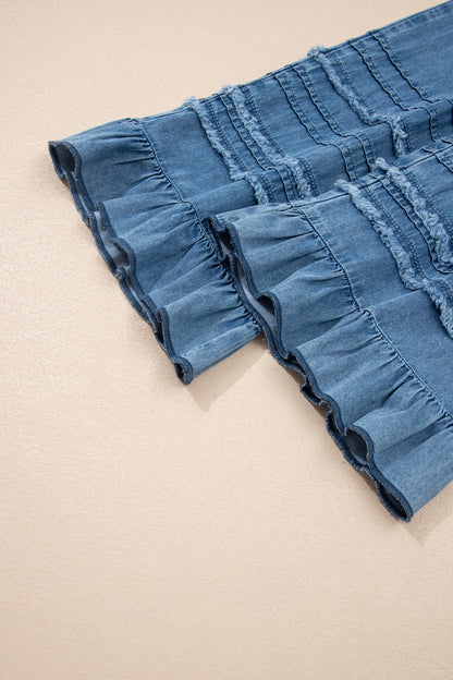 Dusk Blue Ruffled Hem Wide Leg Chambray Pants