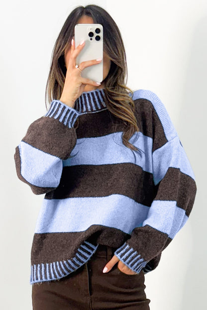 Pink Stripe Contrast High Neck Dropped Shoulder Relaxed Pullover Sweater