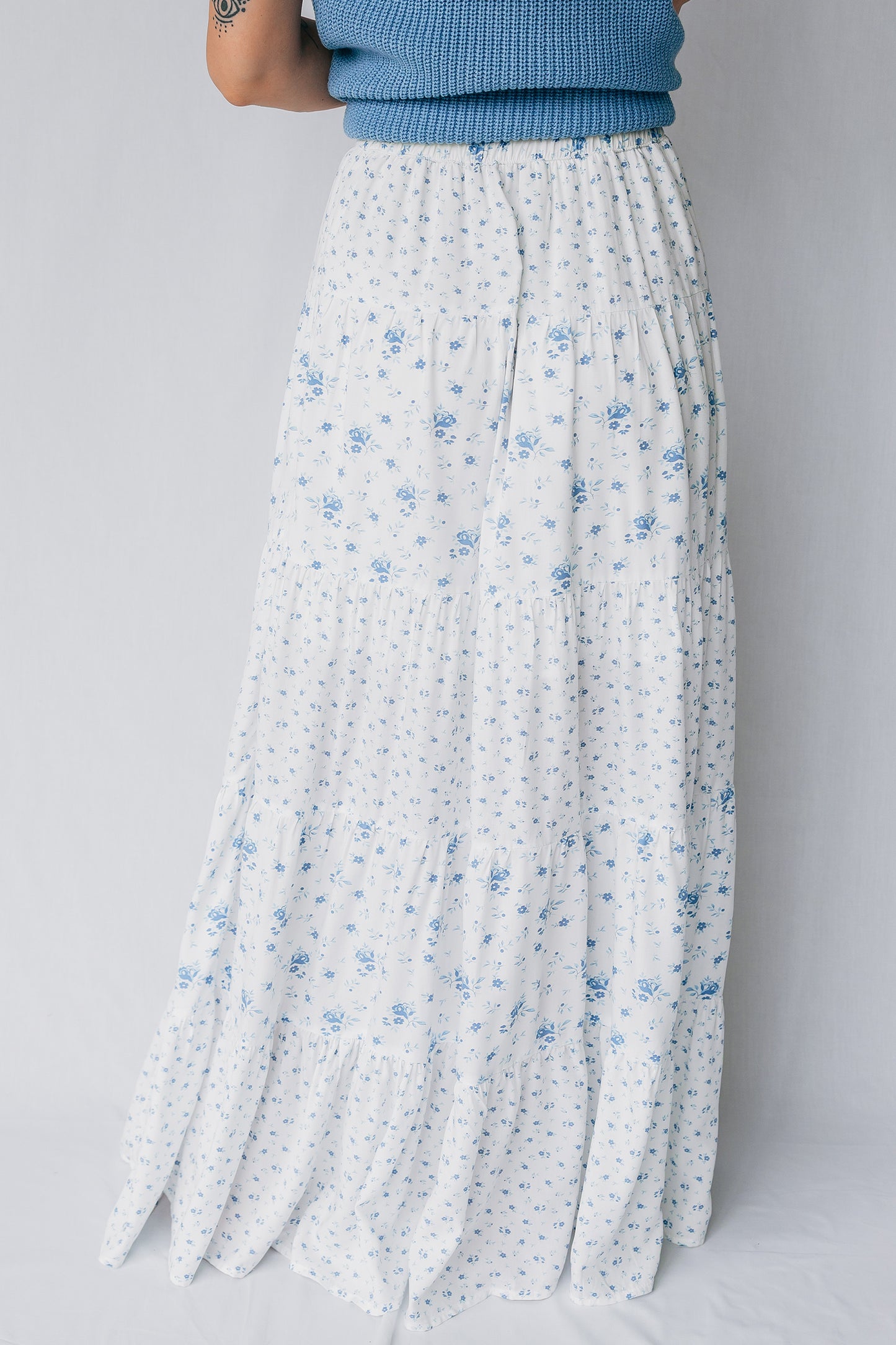 Sky Blue High Waist Tiny Floral Print Boho Maxi Skirt