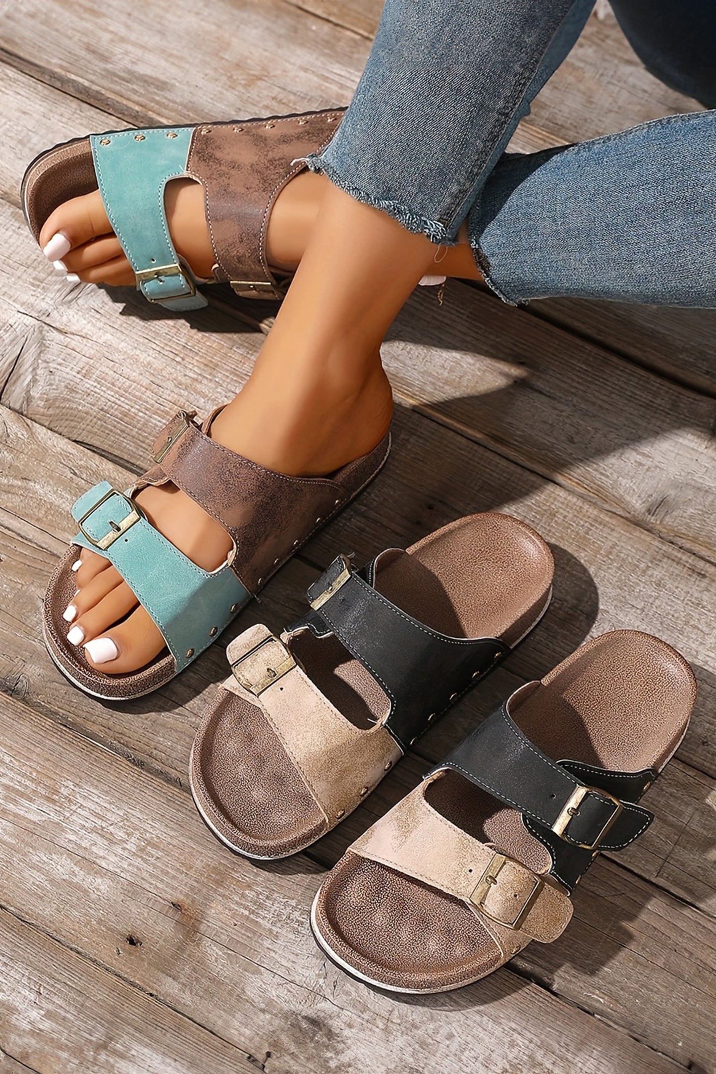 Light Blue Leopard Two-tone Retro Buckle Straps Hollowed Faux Suede Slippers