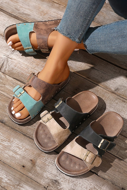 Light Blue Leopard Two-tone Retro Buckle Straps Hollowed Faux Suede Slippers