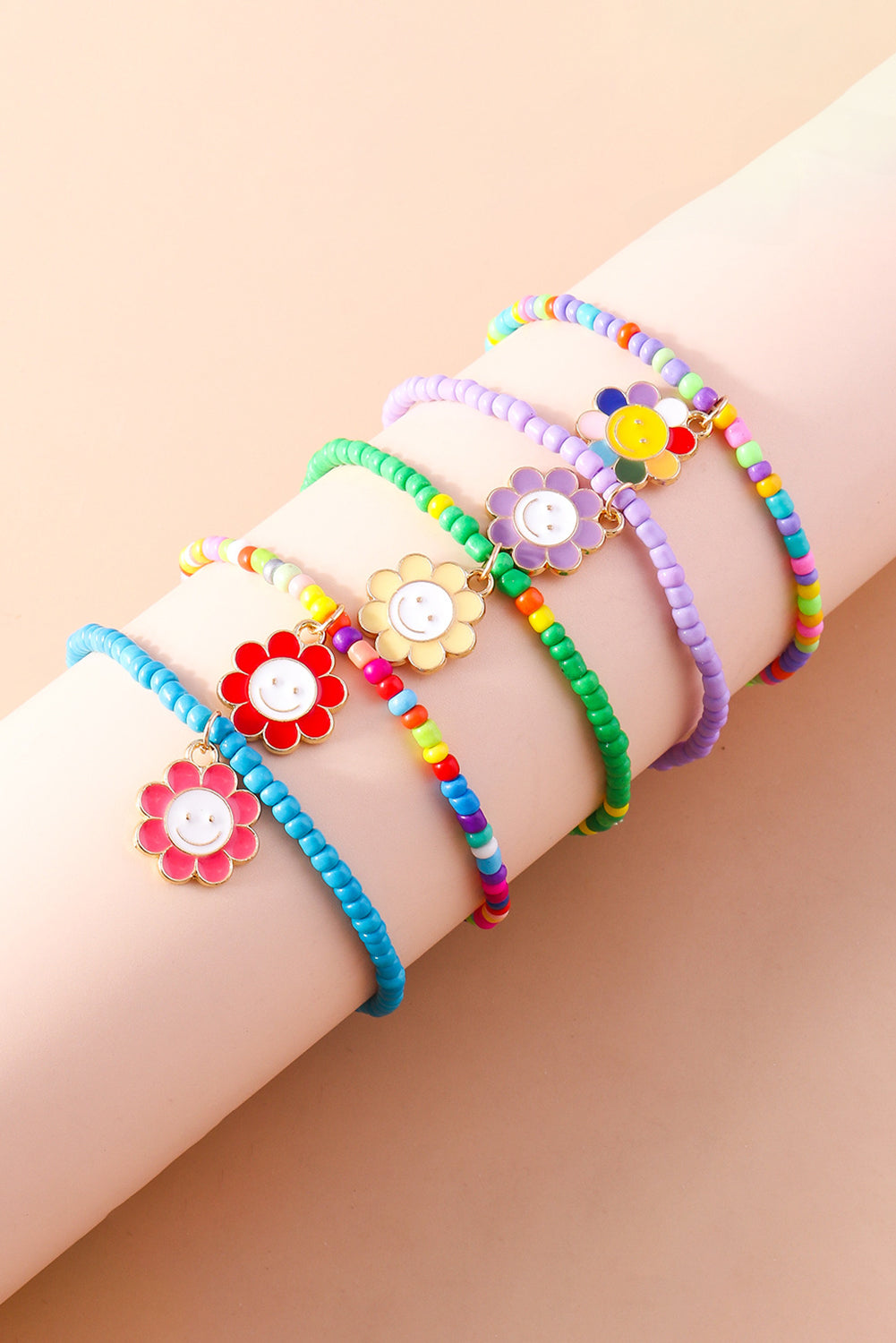 Light Blue 5pcs Smiley Face Flower Pendant Beaded Bracelet Set