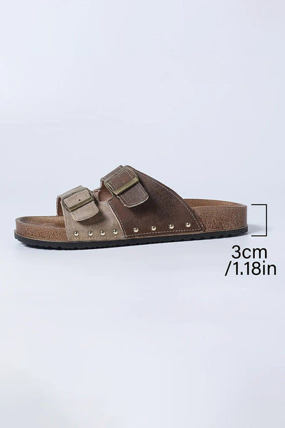 Coffee Leopard Two-tone Retro Buckle Straps Hollowed Faux Suede Slippers