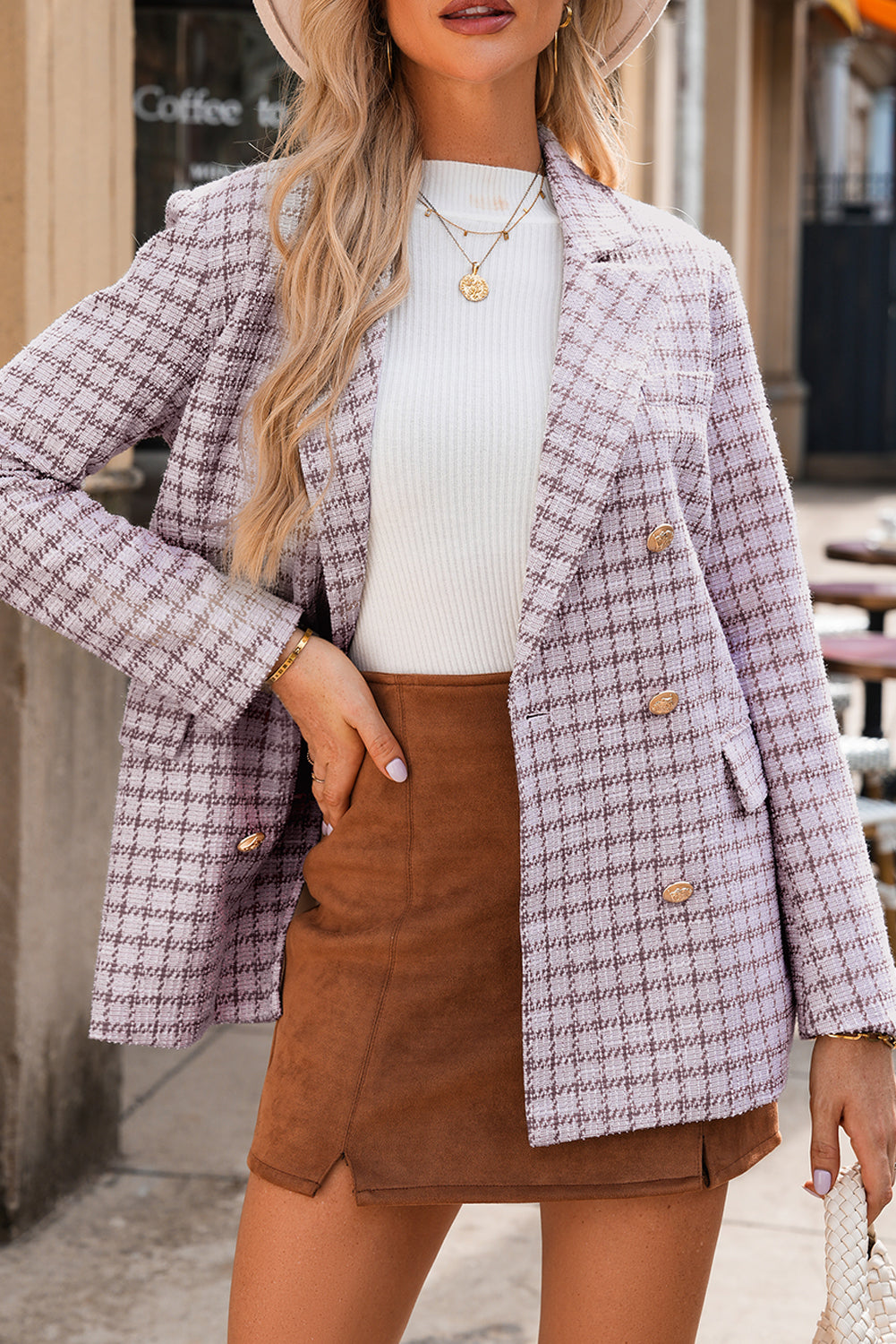 Burgundy Elegant Tweed Plaid Blazer