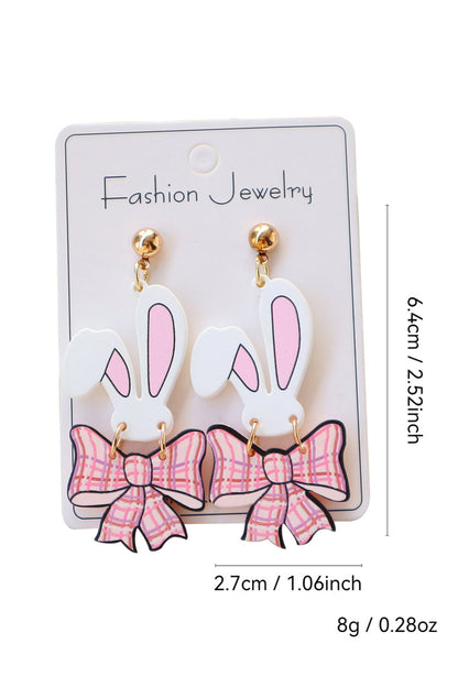 Pink Plaid Bow Easter Bunny Studded Earrings