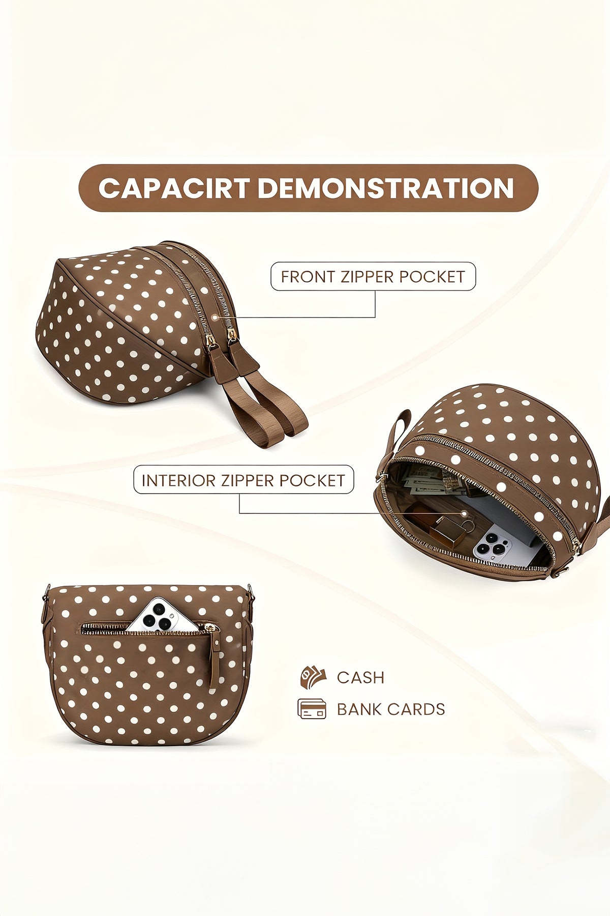 Camel Polka Dot Print Double Zip Fashion Crossbody Bag