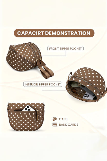 Camel Polka Dot Print Double Zip Fashion Crossbody Bag