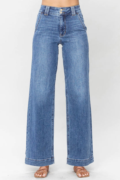 Sky Blue Double Button Zip Fly Straight Leg Jeans