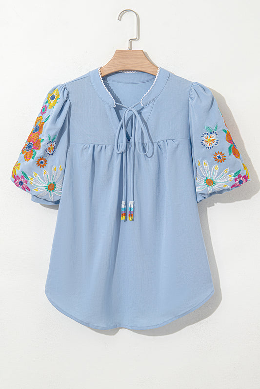 Beau Blue Floral Embroidered Puff Sleeve Split Neck Blouse