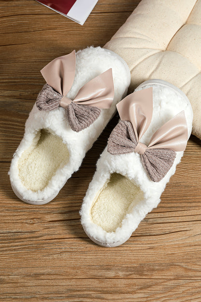 White Contrast Bowknot Applique Plush Slippers